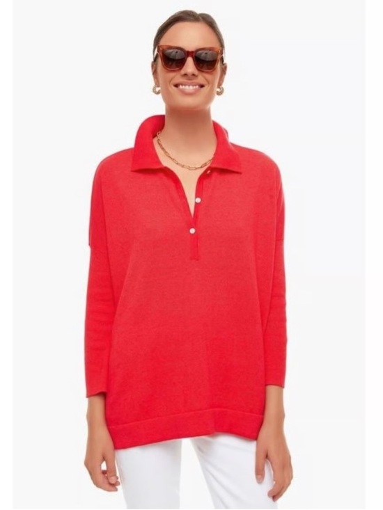Tuckernuck Sweaters - Tuckernuck Clayton Long Sleeve Knit Polo in Red Medium / Large